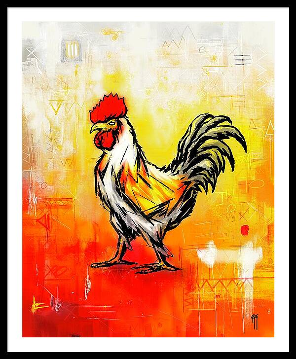 Colorful Rooster on Abstract Background - Framed Print