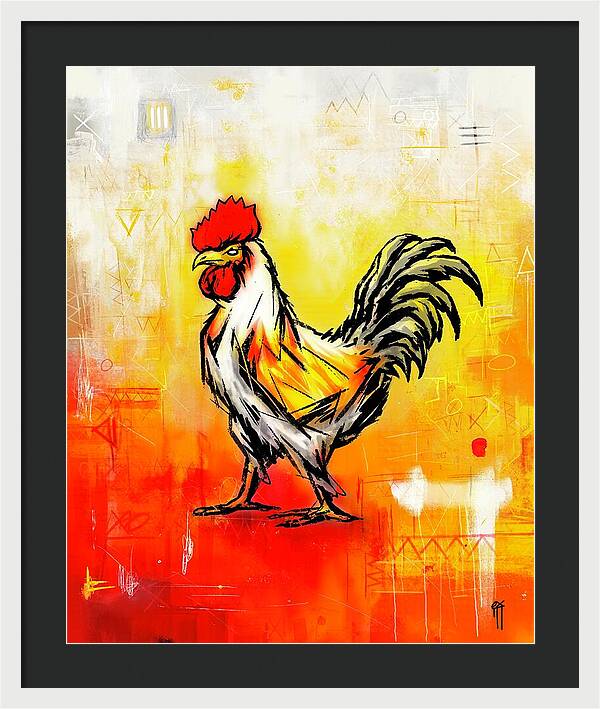 Colorful Rooster on Abstract Background - Framed Print