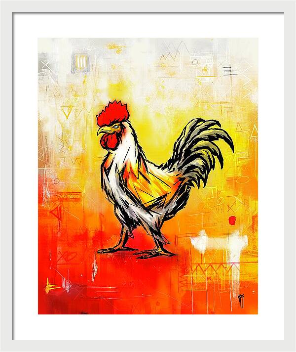Colorful Rooster on Abstract Background - Framed Print