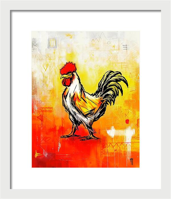 Colorful Rooster on Abstract Background - Framed Print