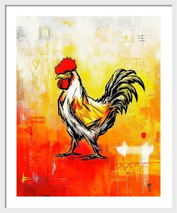 Colorful Rooster on Abstract Background - Framed Print