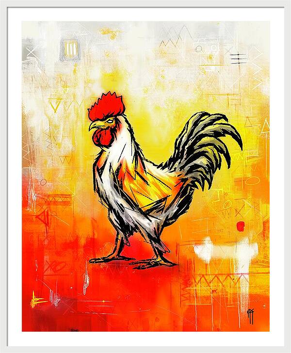 Colorful Rooster on Abstract Background - Framed Print