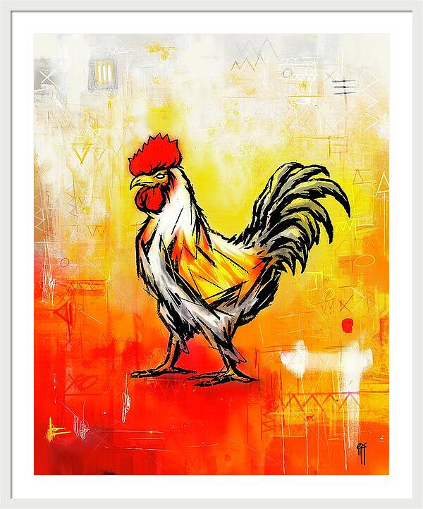 Colorful Rooster on Abstract Background - Framed Print