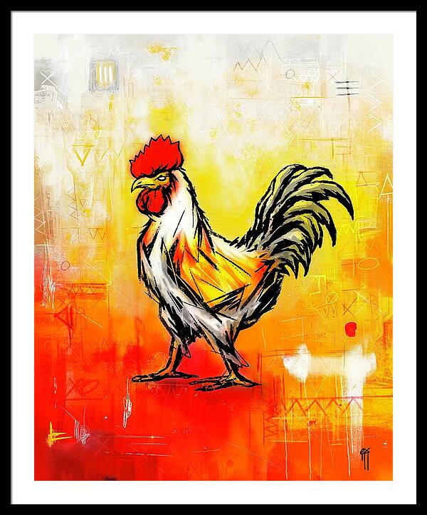 Colorful Rooster on Abstract Background - Framed Print