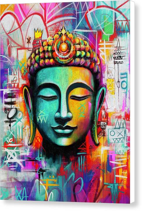 Vibrant Buddha Head in Graffiti Style - Canvas Print
