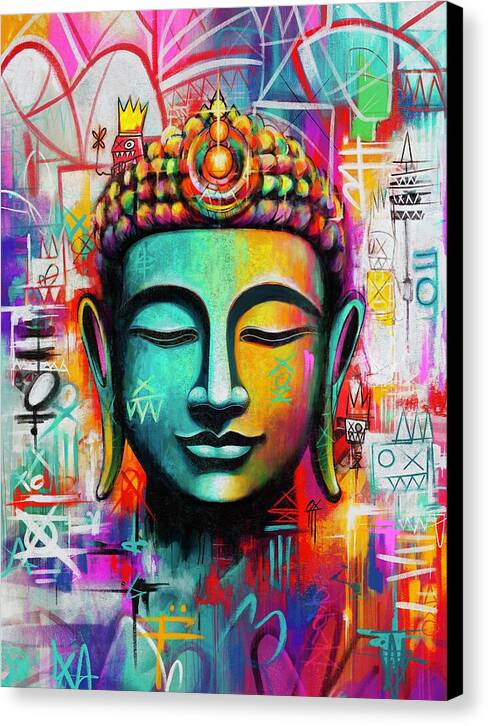 Vibrant Buddha Head in Graffiti Style - Canvas Print