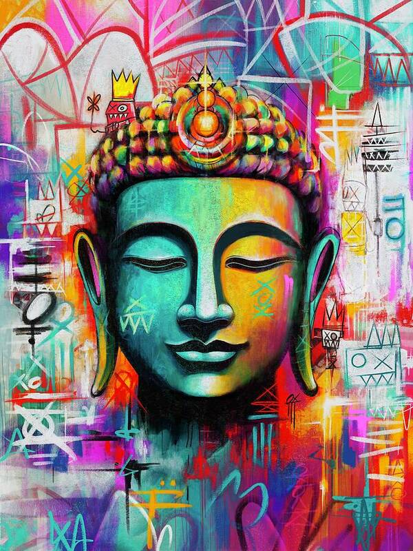Vibrant Buddha Head in Graffiti Style - Art Print