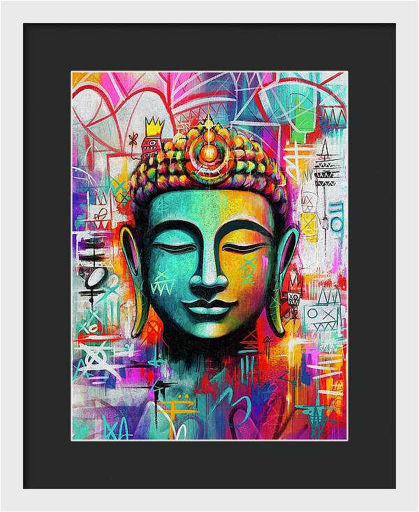 Vibrant Buddha Head in Graffiti Style - Framed Print