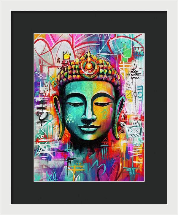 Vibrant Buddha Head in Graffiti Style - Framed Print