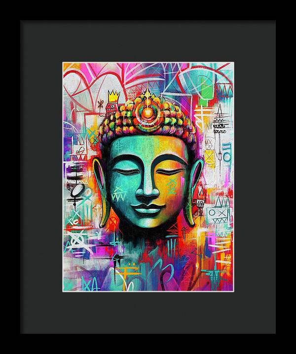 Vibrant Buddha Head in Graffiti Style - Framed Print