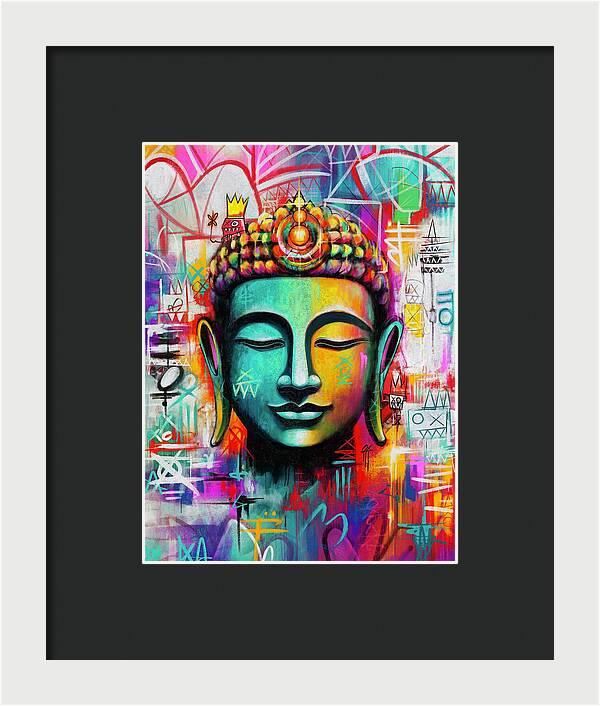 Vibrant Buddha Head in Graffiti Style - Framed Print