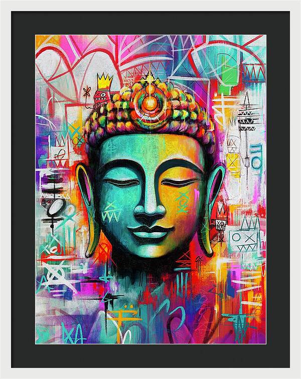 Vibrant Buddha Head in Graffiti Style - Framed Print