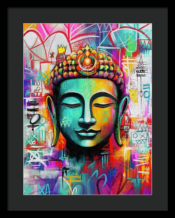 Vibrant Buddha Head in Graffiti Style - Framed Print