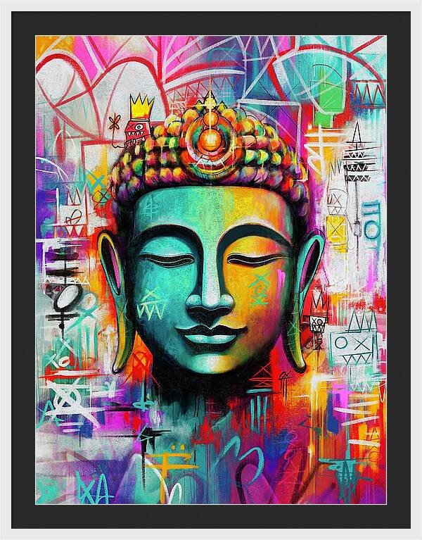 Vibrant Buddha Head in Graffiti Style - Framed Print