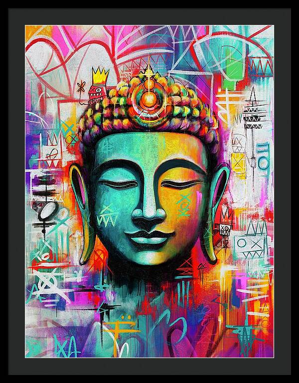 Vibrant Buddha Head in Graffiti Style - Framed Print