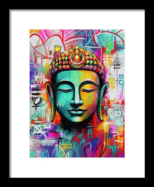 Vibrant Buddha Head in Graffiti Style - Framed Print