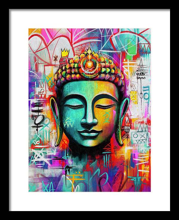 Vibrant Buddha Head in Graffiti Style - Framed Print