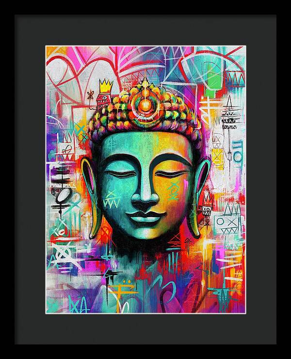 Vibrant Buddha Head in Graffiti Style - Framed Print