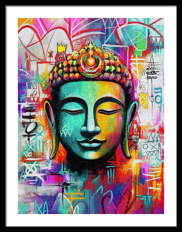Vibrant Buddha Head in Graffiti Style - Framed Print