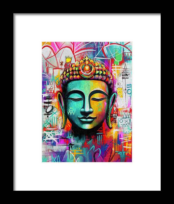 Vibrant Buddha Head in Graffiti Style - Framed Print