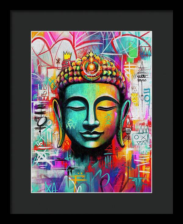 Vibrant Buddha Head in Graffiti Style - Framed Print