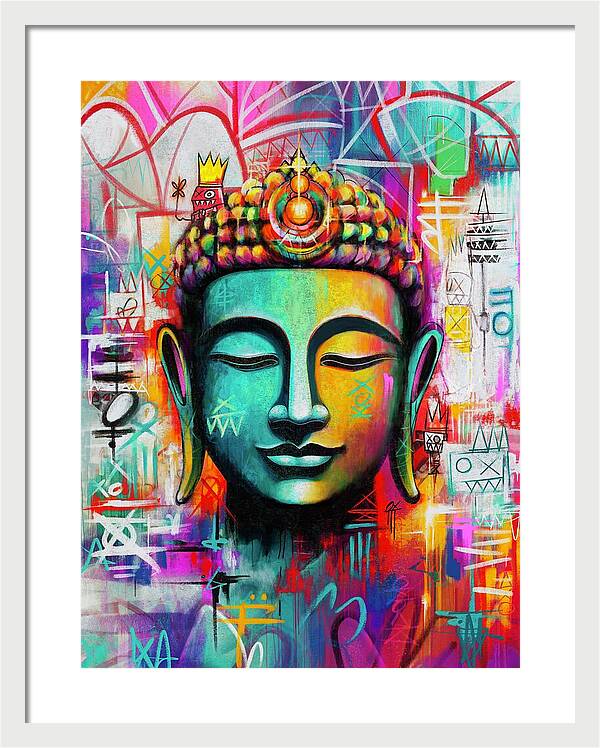 Vibrant Buddha Head in Graffiti Style - Framed Print