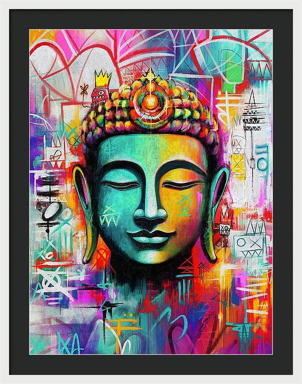 Vibrant Buddha Head in Graffiti Style - Framed Print