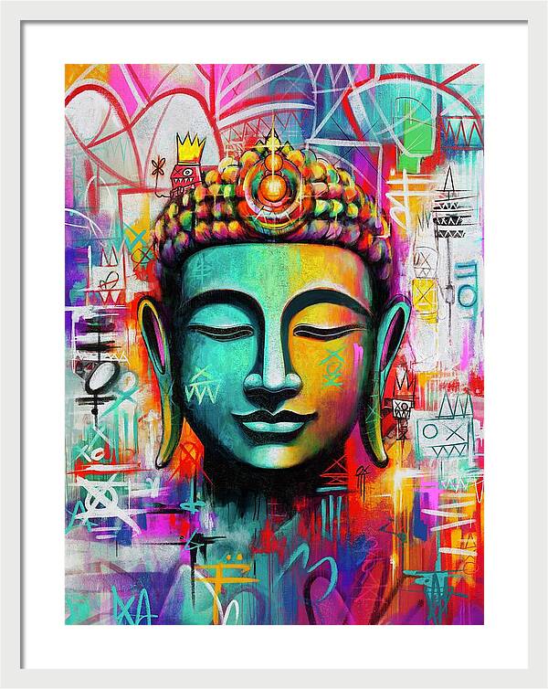 Vibrant Buddha Head in Graffiti Style - Framed Print