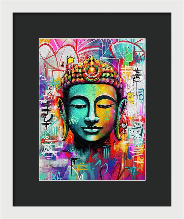 Vibrant Buddha Head in Graffiti Style - Framed Print