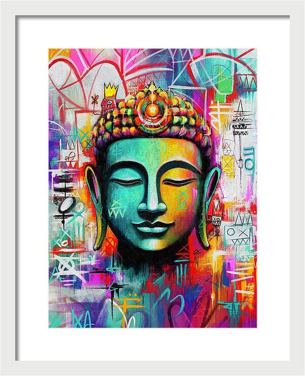 Vibrant Buddha Head in Graffiti Style - Framed Print