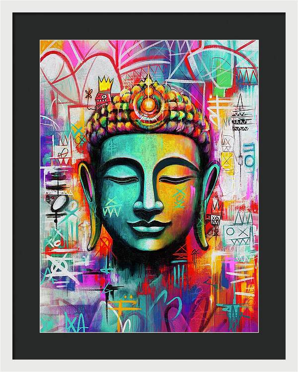 Vibrant Buddha Head in Graffiti Style - Framed Print
