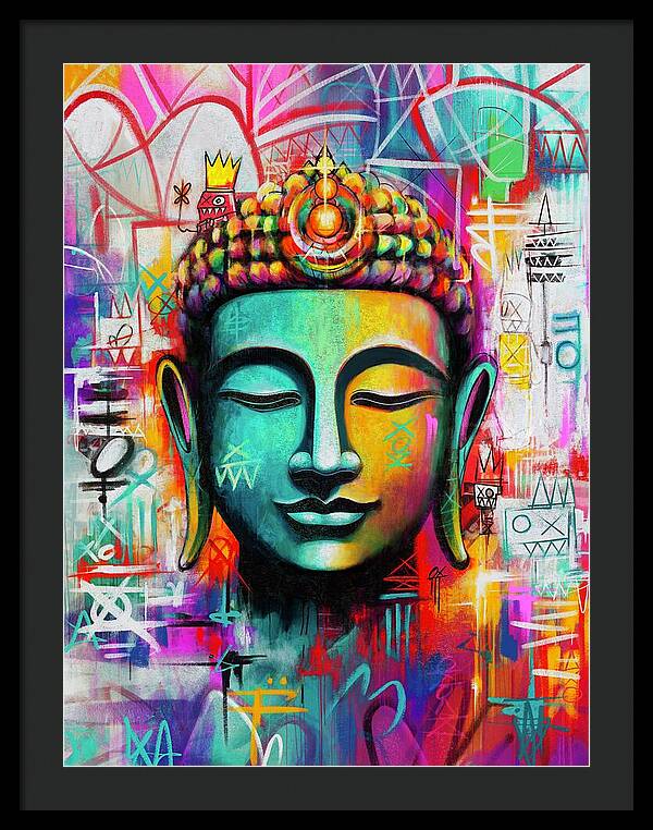 Vibrant Buddha Head in Graffiti Style - Framed Print