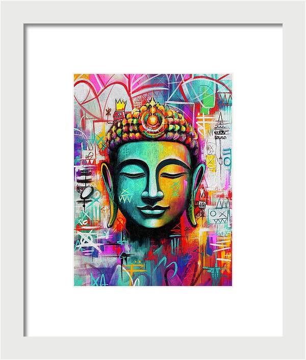 Vibrant Buddha Head in Graffiti Style - Framed Print