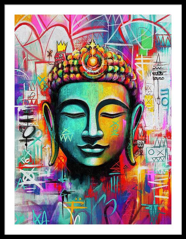 Vibrant Buddha Head in Graffiti Style - Framed Print