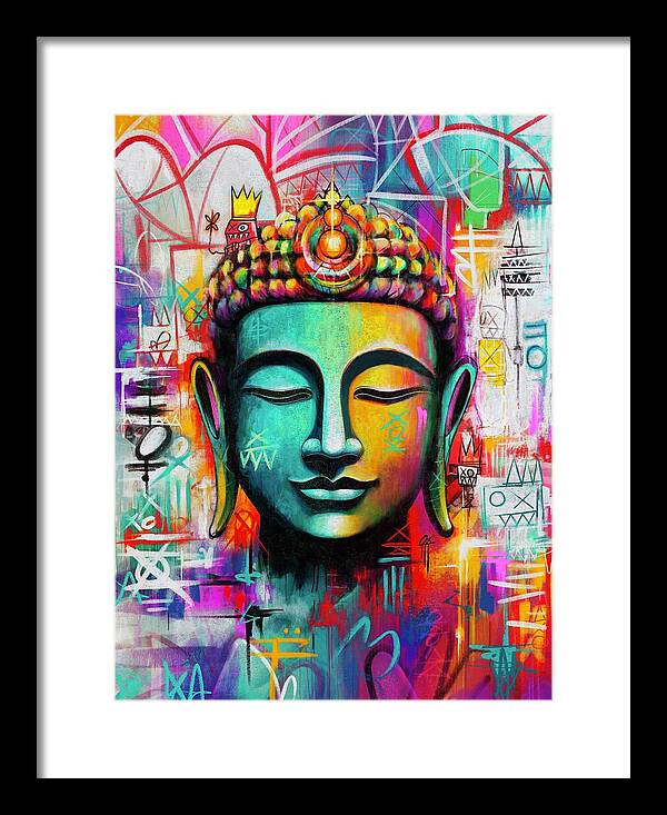 Vibrant Buddha Head in Graffiti Style - Framed Print