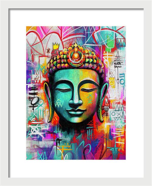 Vibrant Buddha Head in Graffiti Style - Framed Print
