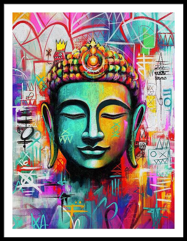 Vibrant Buddha Head in Graffiti Style - Framed Print