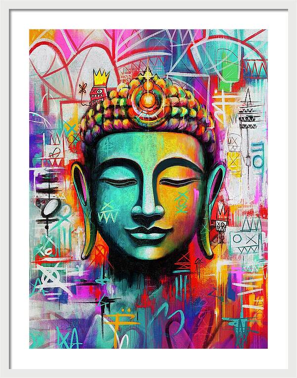 Vibrant Buddha Head in Graffiti Style - Framed Print