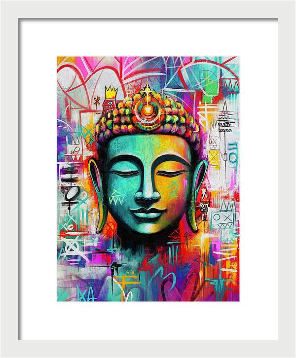 Vibrant Buddha Head in Graffiti Style - Framed Print
