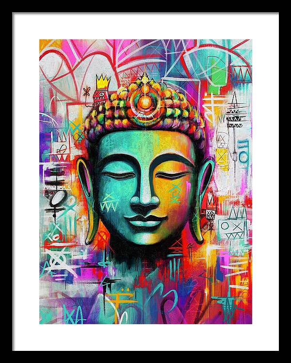 Vibrant Buddha Head in Graffiti Style - Framed Print