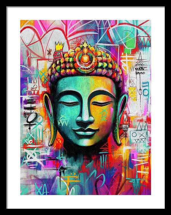 Vibrant Buddha Head in Graffiti Style - Framed Print