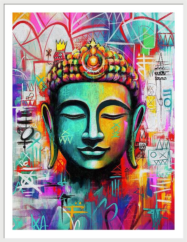 Vibrant Buddha Head in Graffiti Style - Framed Print